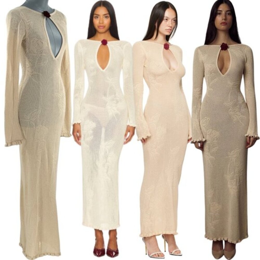 🆕 MIRROR PALAIS 🧿 NWOT Rose Pointelle Crochet Knit Dress, Soft Beige - Sz S